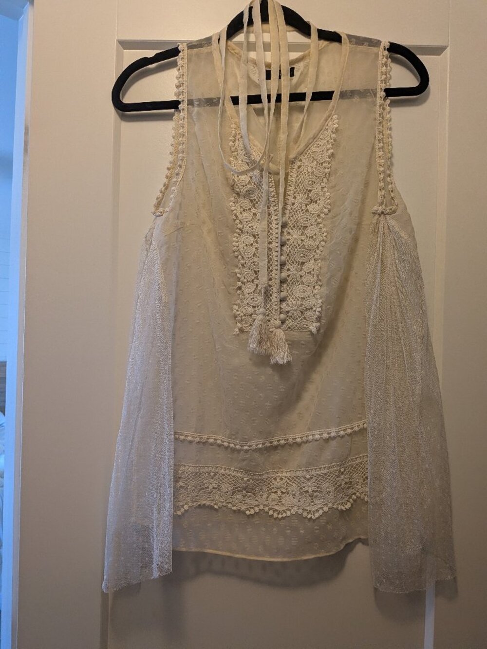 Medium cream coloured "Ryu" Romantic vintage lace and tulle top with belt